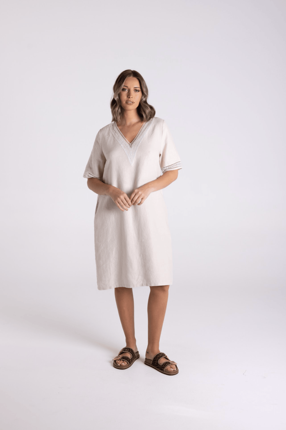 V - Neck Dress - Natural/White - TT67 - Pizazz BoutiqueTwo - T's