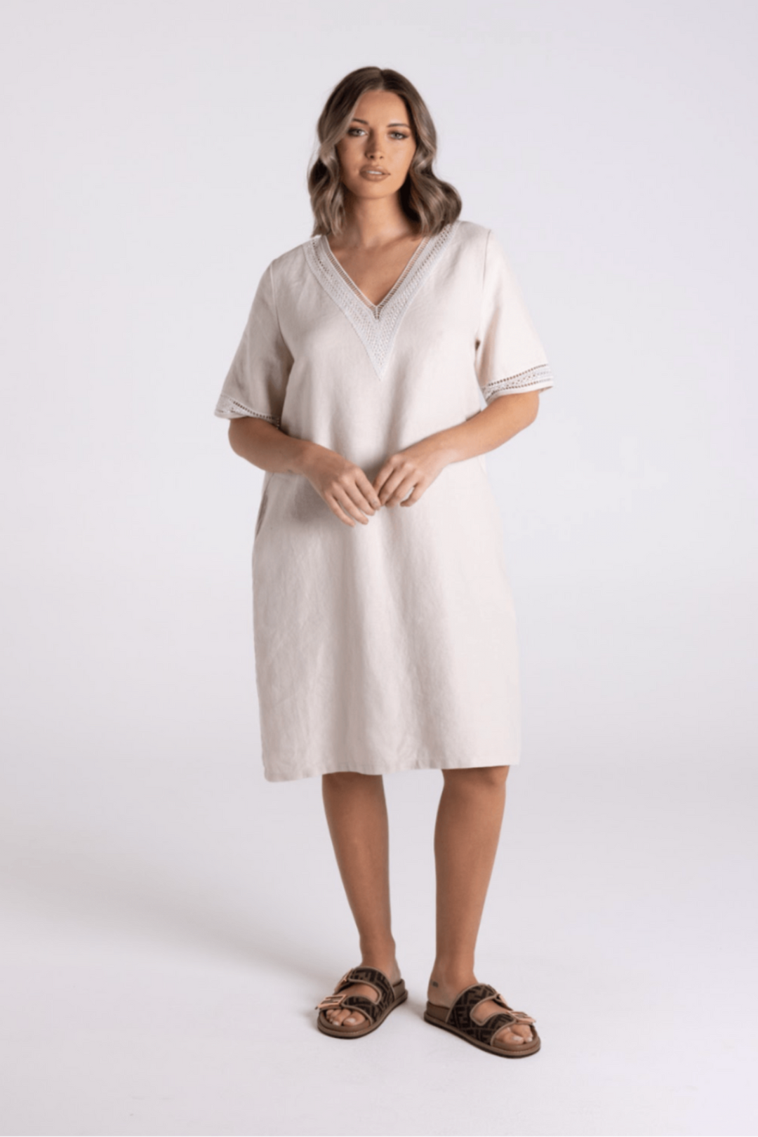 V - Neck Dress - Natural/White - TT67 - Pizazz BoutiqueTwo - T's