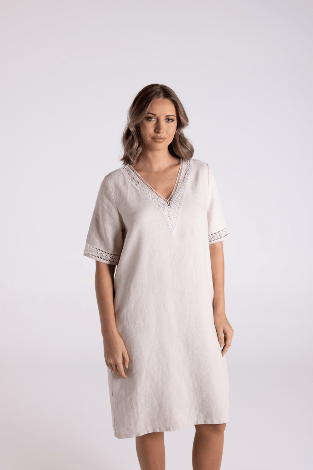 V - Neck Dress - Natural/White - TT67 - Pizazz BoutiqueTwo - T's