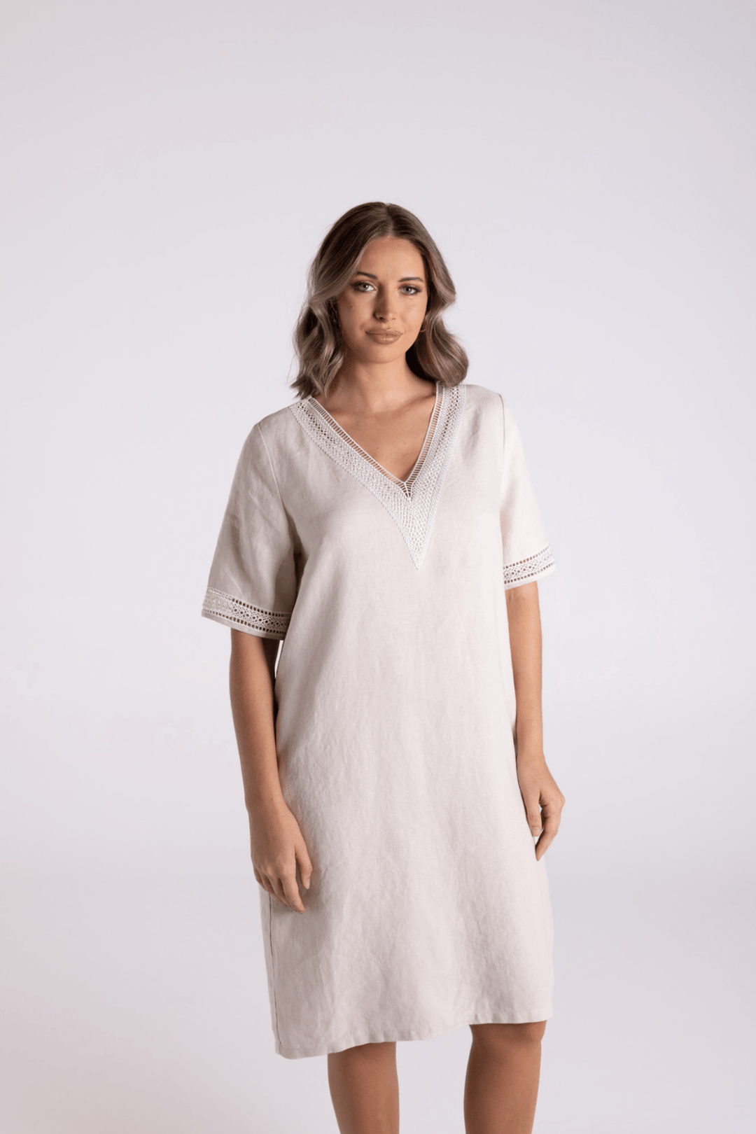 V - Neck Dress - Natural/White - TT67 - Pizazz BoutiqueTwo - T's