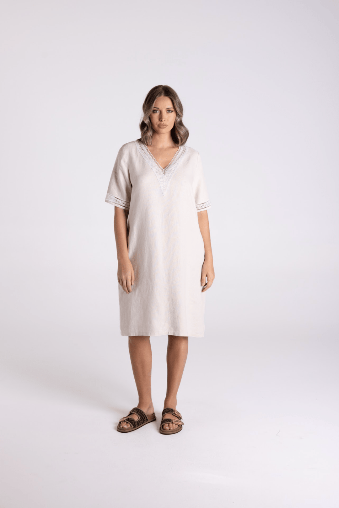 V - Neck Dress - Natural/White - TT67 - Pizazz BoutiqueTwo - T's