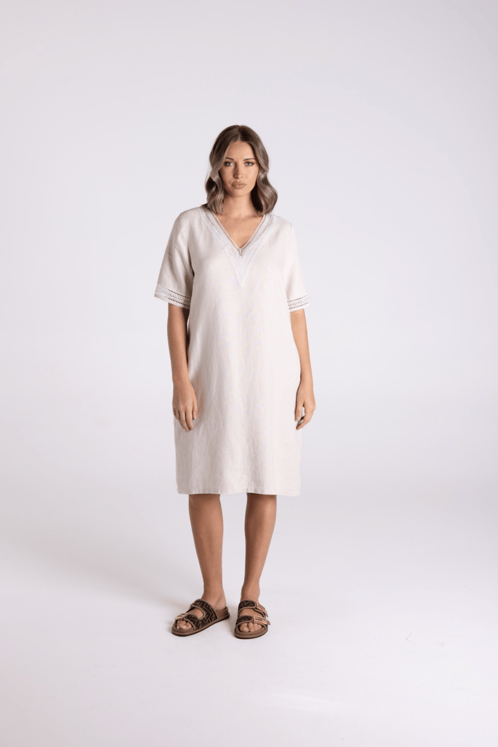 V - Neck Dress - Natural/White - TT67 - Pizazz BoutiqueTwo - T's