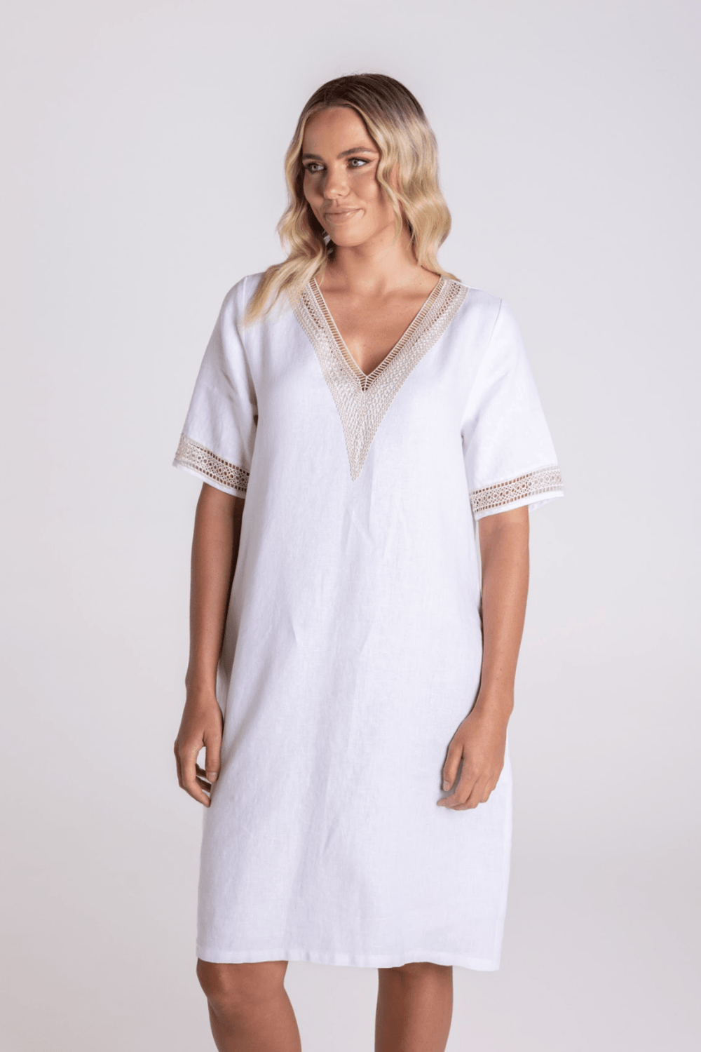 V - Neck Dress - White/Natural - TT67 - Pizazz BoutiqueTwo - T's