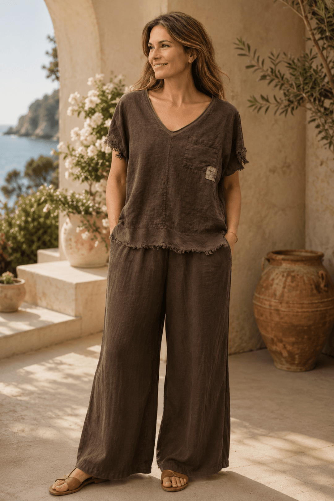 V - Neck Linen Top - Brown - An9 - Pizazz BoutiqueVera May
