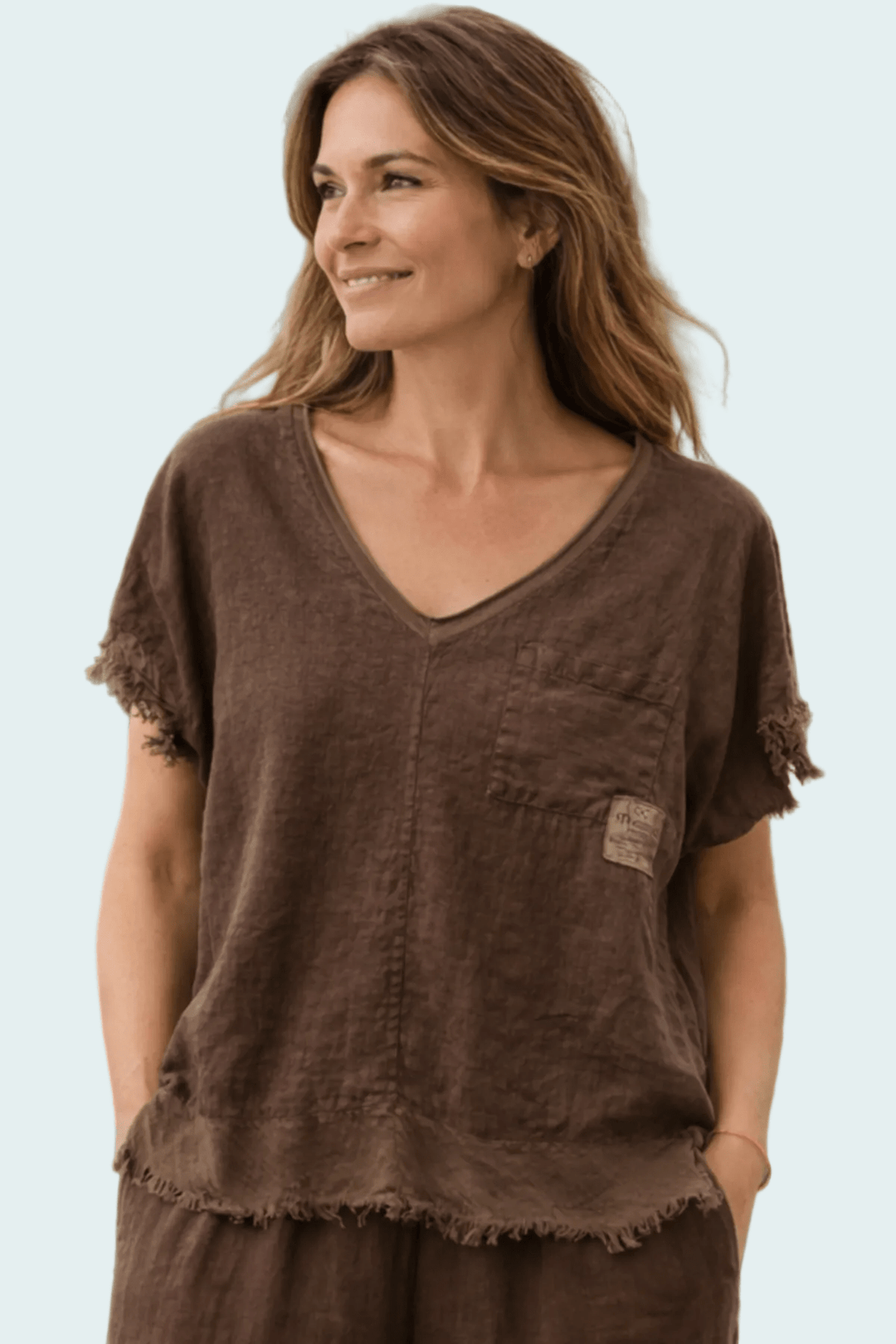 V - Neck Linen Top - Brown - An9 - Pizazz BoutiqueVera May