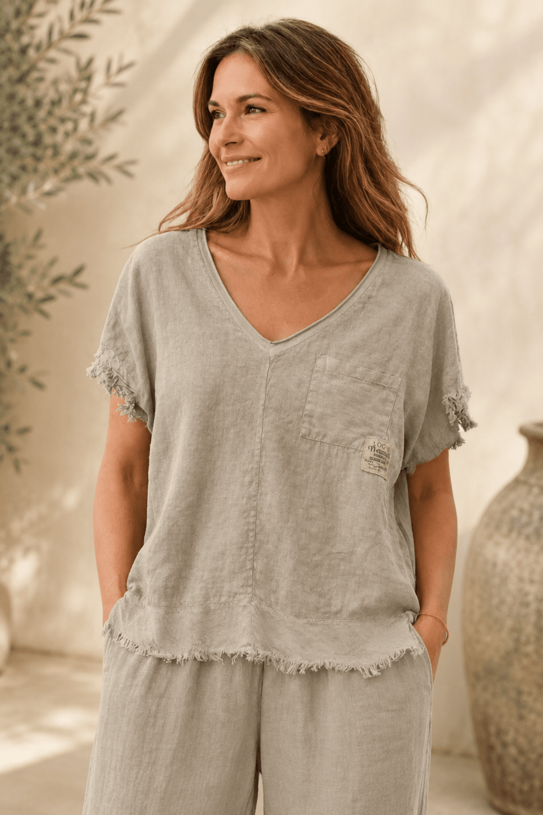 V-Neck Linen Top - Taupe - An9 - Pizazz BoutiqueVera May