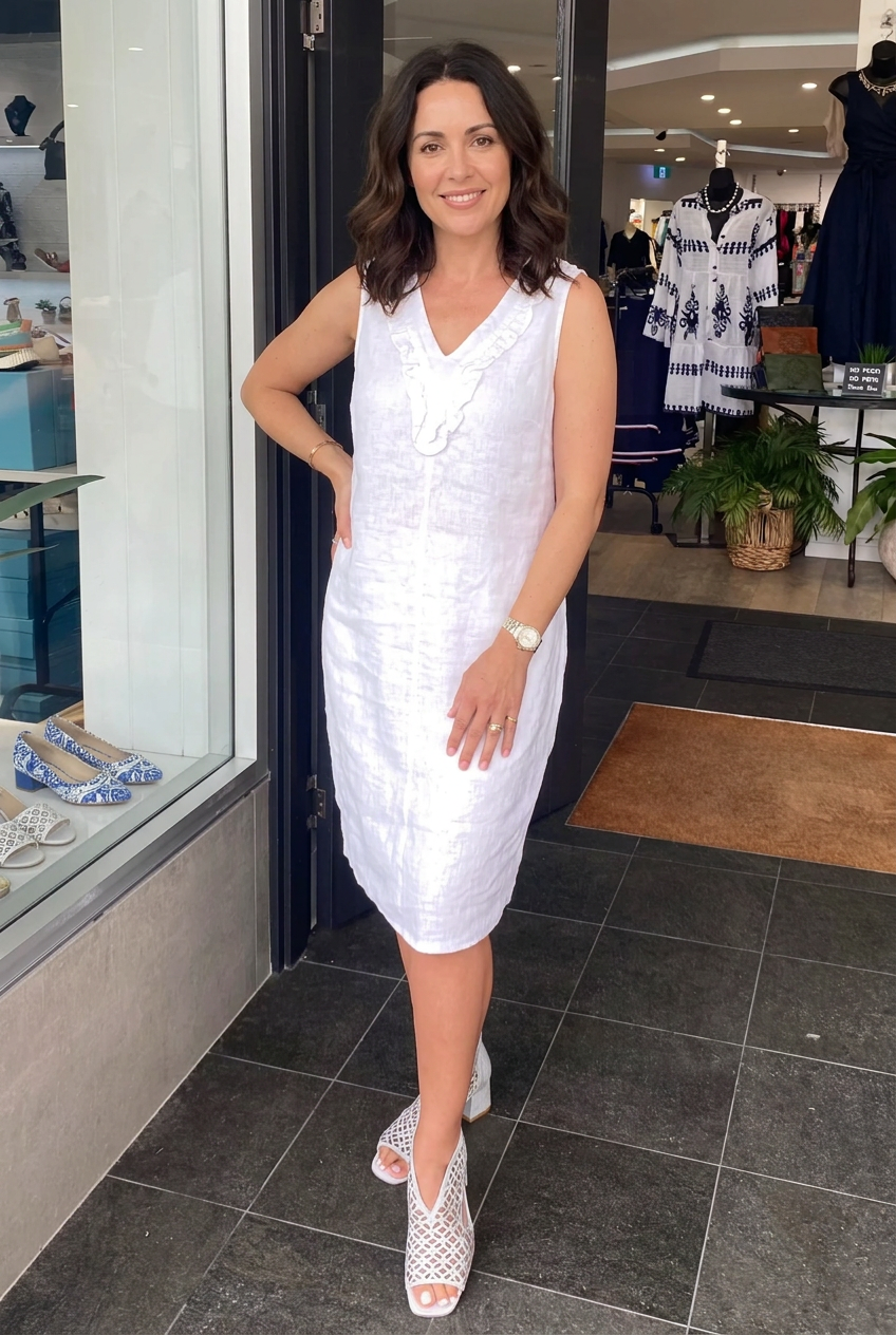 Sleeveless Ruffle Linen Dress - White - SS36