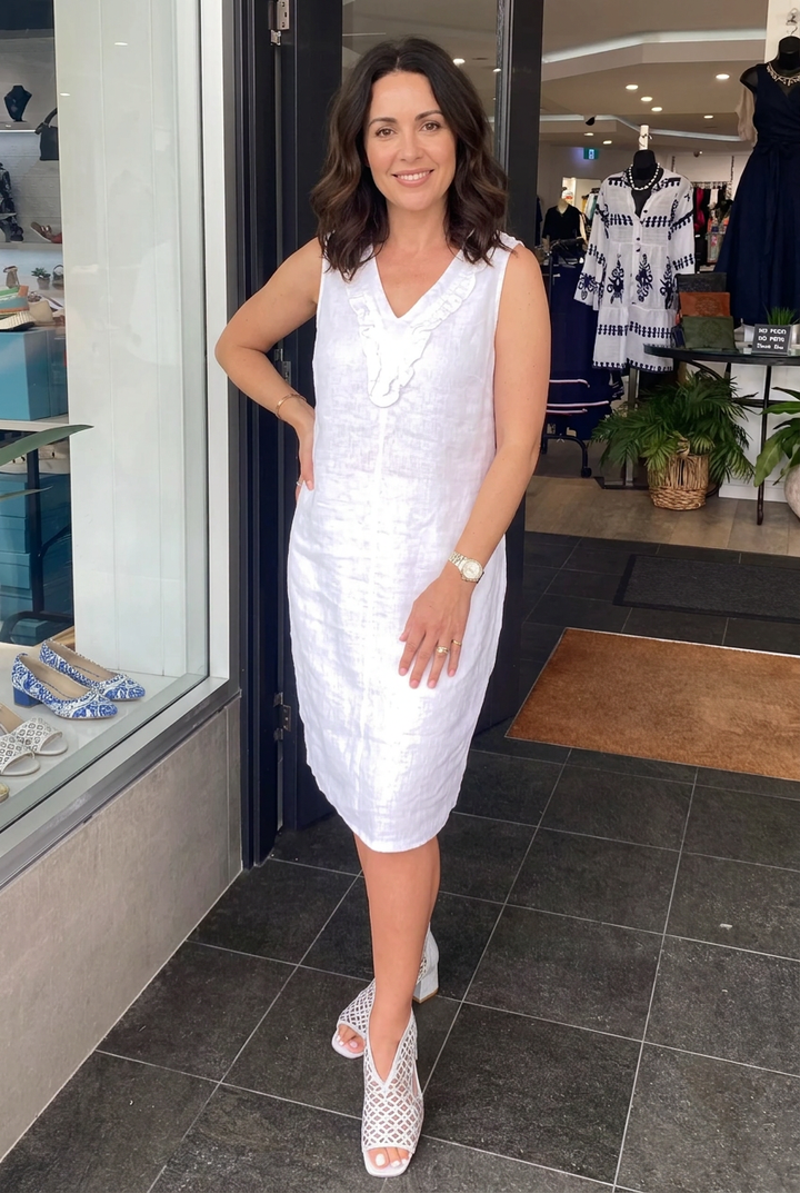 Sleeveless Ruffle Linen Dress - White - SS36