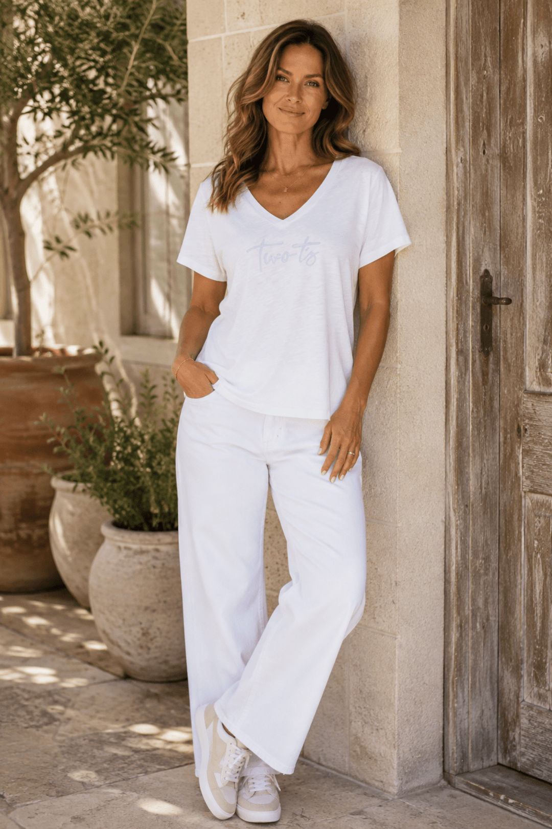 Zara V-Neck Tee -White -TT48 - Pizazz BoutiqueTwo-T's
