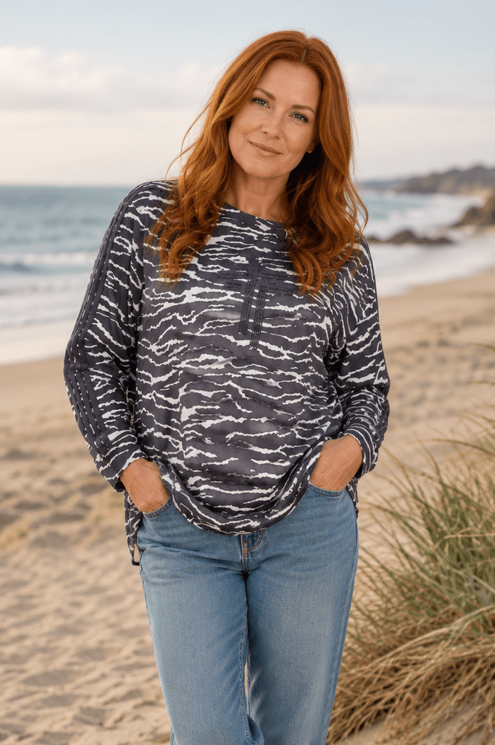 Zebra Print Sweat Top - Slate/Ivory - TT16 - Pizazz BoutiqueTwo - T's