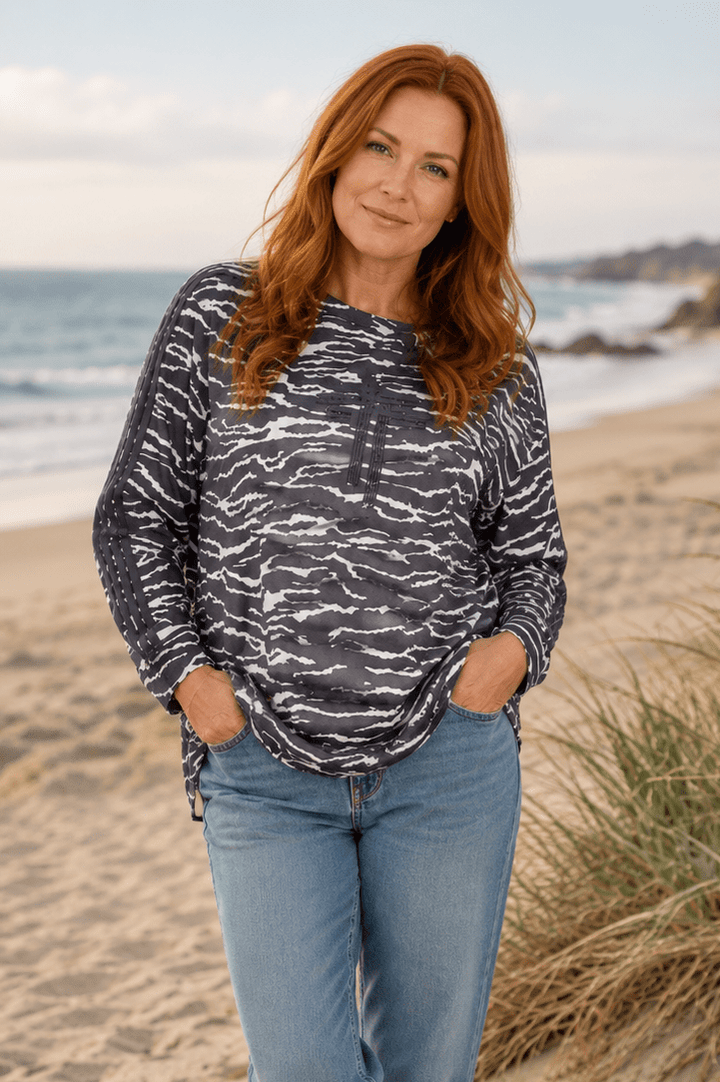 Zebra Print Sweat Top - Slate/Ivory - TT16 - Pizazz BoutiqueTwo - T's