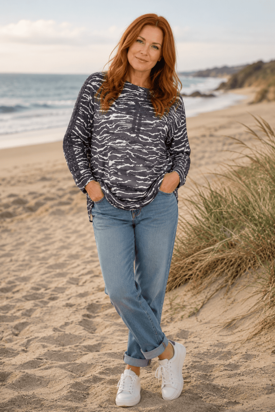 Zebra Print Sweat Top - Slate/Ivory - TT16 - Pizazz BoutiqueTwo - T's