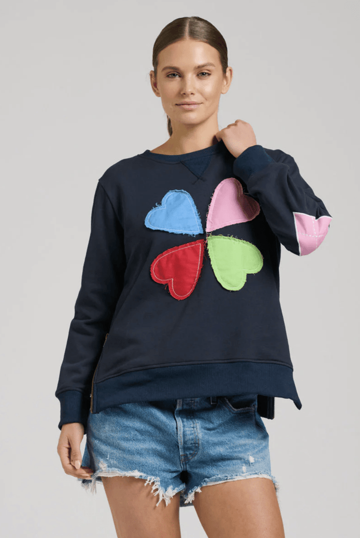 Zip Side Cotton Sweatshirt - French Navy Hearts - ES1 - Pizazz BoutiqueEST 1971