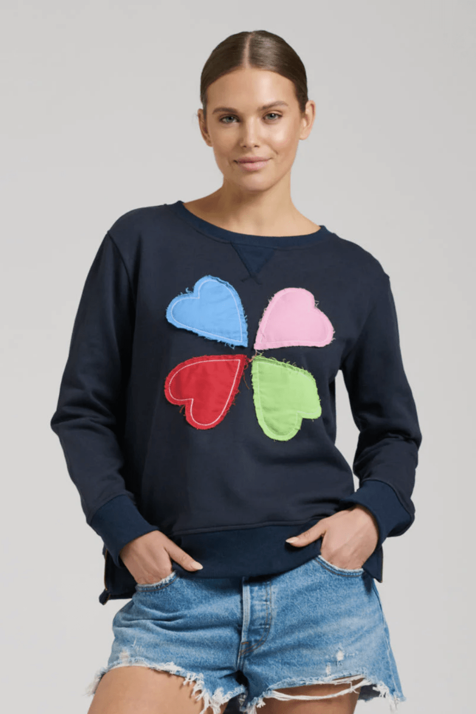 Zip Side Cotton Sweatshirt - French Navy Hearts - ES1 - Pizazz BoutiqueEST 1971