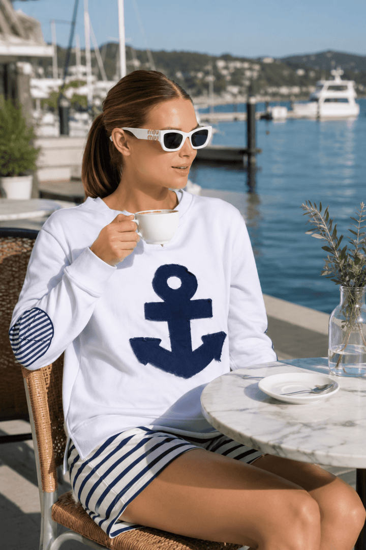 Zip Side Nautical Sweatshirt - White - EST5 - Pizazz BoutiqueEST 1971