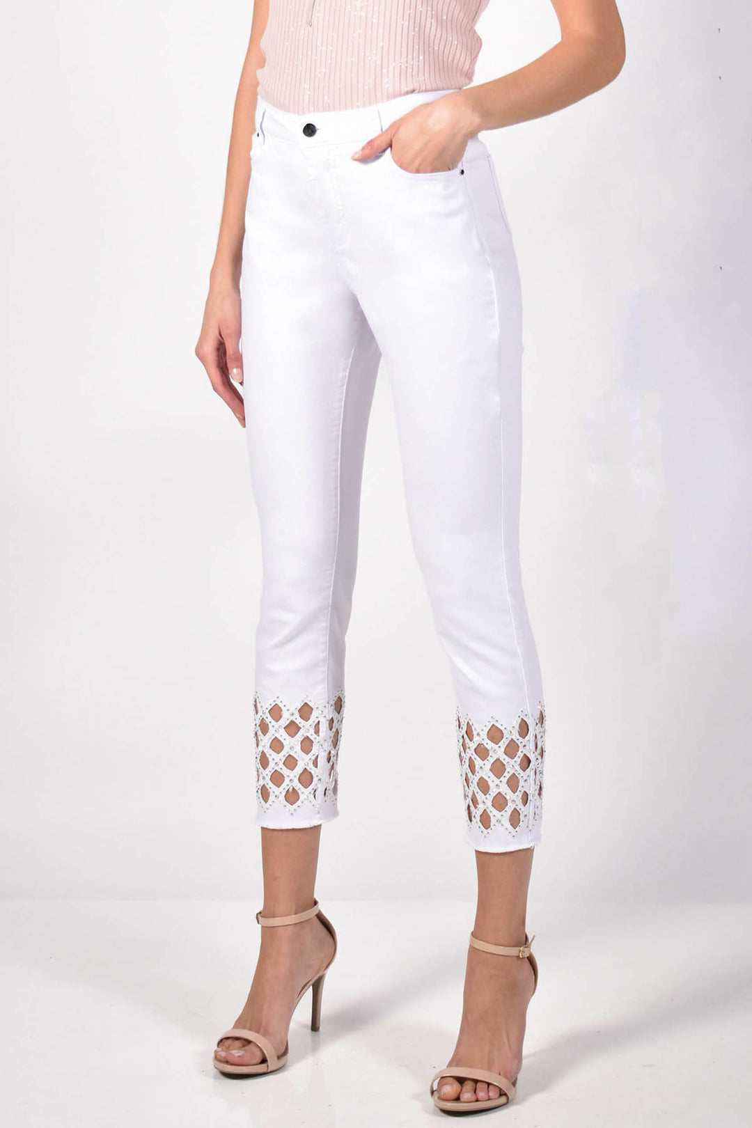 Pair of ankle detail denim jeans in white by Frank Lyman sold and shipped from Pizazz Boutique Nelson Bay women's dresses online Australia