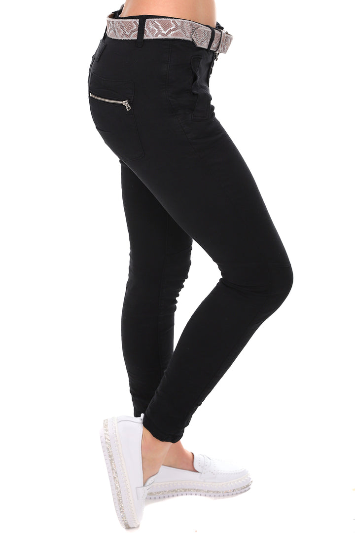 Make a statement with a difference wearing The Classic Button Jeans in Black by Italian Star. These denim jeans double as a casual and smart pant with an added touch of Pizazz through the zip and button detail. With a mid rise waist, pockets and tapered leg these pants are going to fit you to perfection! Brand: Italian Star Style Code: 8123 Colour: Black Material: 98% Cotton 2% Elastane Care: Machine wash Zip and button fly front Side pockets Zip back pockets Seam detail at knees Designed to fade