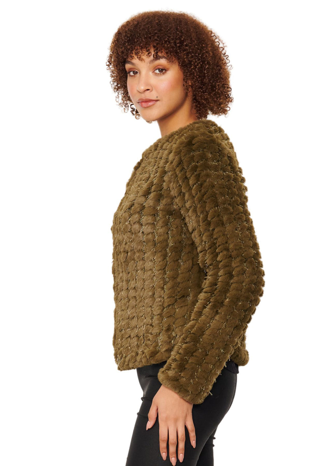 Woman wearing a brown Amanda Jacket by Caju