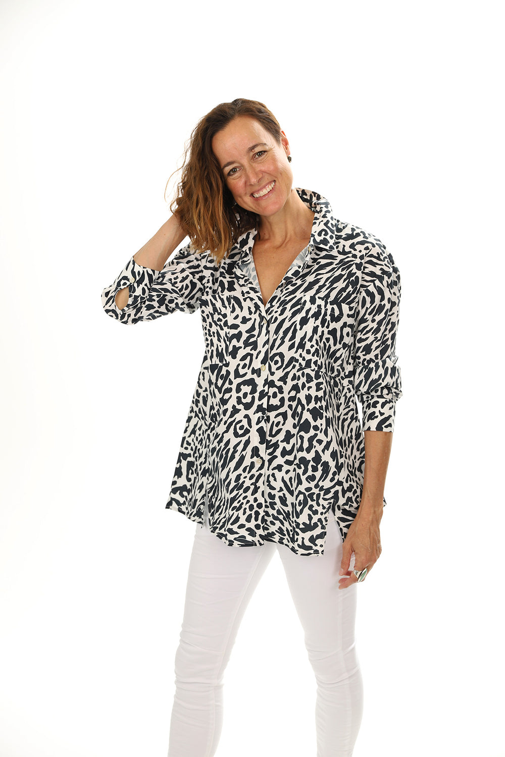 Woman wearing the animal cotton top by See Saw, sold and shipped from Pizazz Boutique Nelson Bay women's dresses online Australia