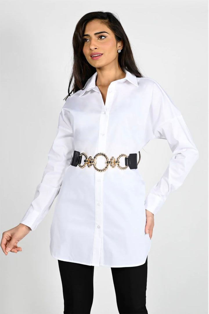 Woman wearing the Bianca shirt by Frank Lyman in white, sold and shipped from Pizazz Boutique