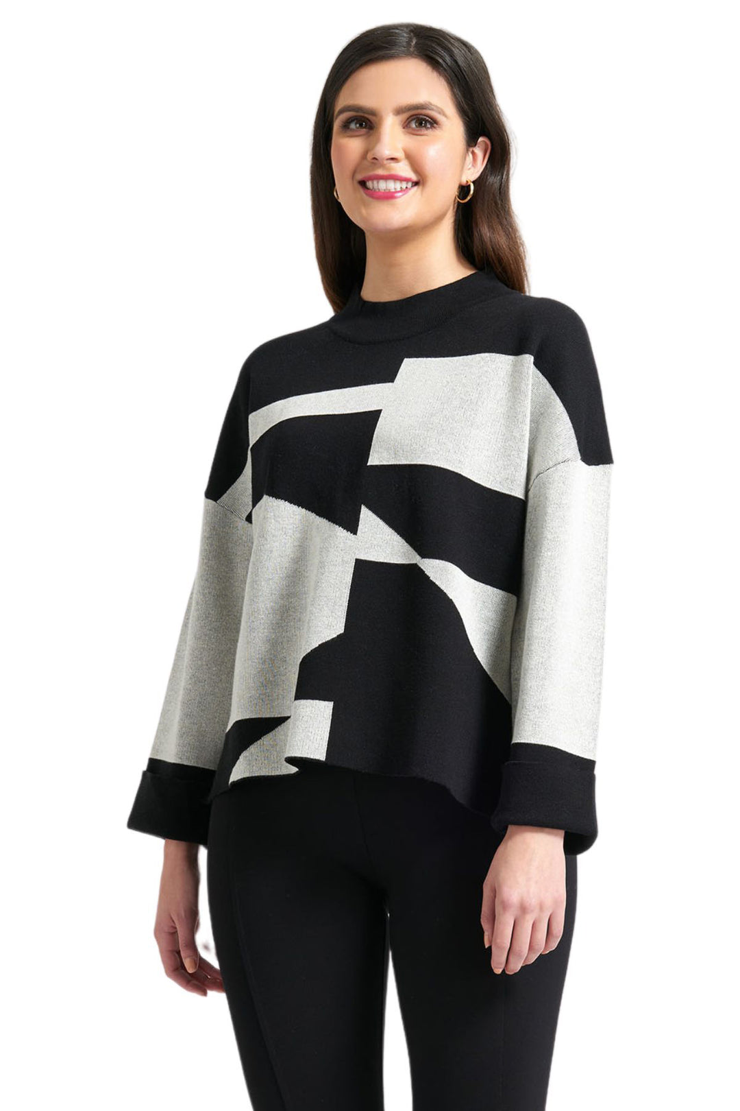 Woman wearing a block roll sweater in black and white by FOIL, sold and shipped from Pizazz Boutique Nelson Bay women's dresses online Australia