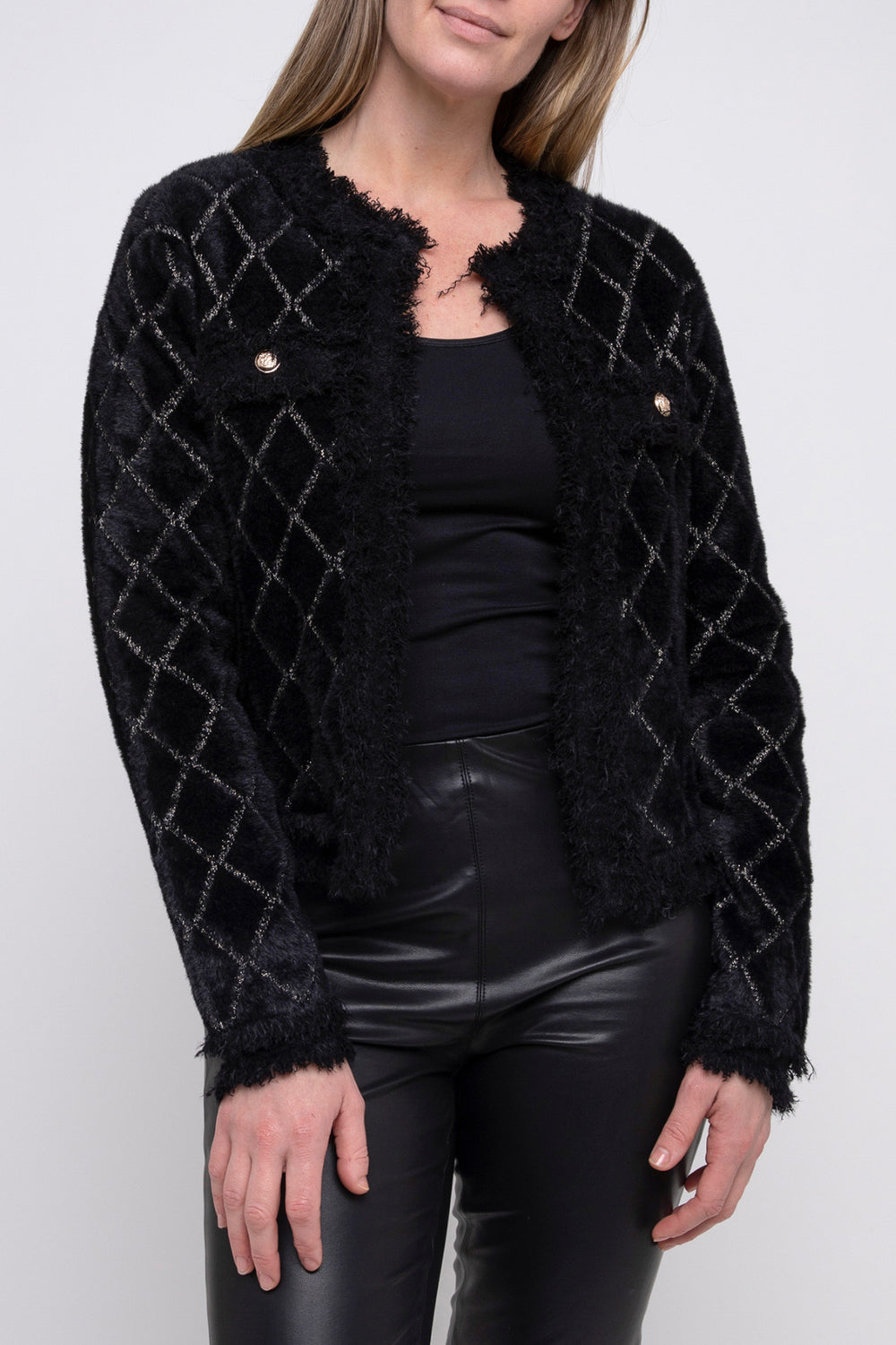 Brand : Ping Pong  Crop Bolero Cardigan Style Code : P545411 Colour : Black/Gold  Fabric : 69% Nylon 18% Polyester 13% Viscose Cold hand wash Crop Length Faux pockets with gold buttons Hook and clasp fastening at collar Beautiful soft knit cardi with delicate fringe trim 