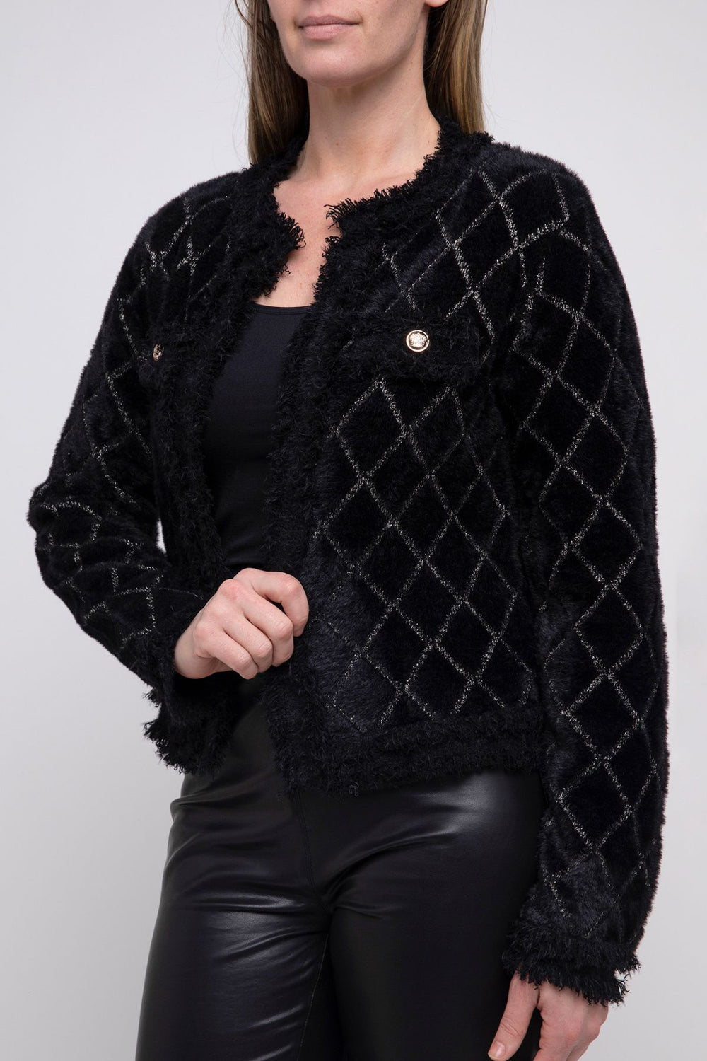 Brand : Ping Pong  Crop Bolero Cardigan Style Code : P545411 Colour : Black/Gold  Fabric : 69% Nylon 18% Polyester 13% Viscose Cold hand wash Crop Length Faux pockets with gold buttons Hook and clasp fastening at collar Beautiful soft knit cardi with delicate fringe trim 