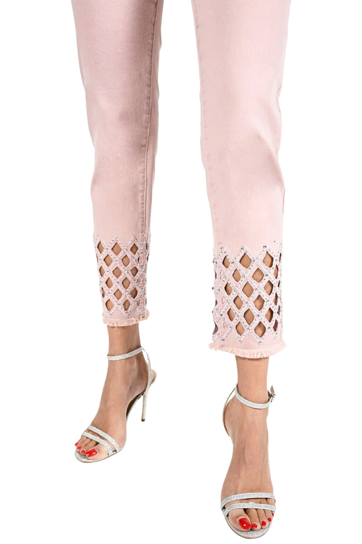 Woman wearing a pair of Frank Lyman Jeans in blush sold and shipped from Pizazz Boutique Nelson Bay women's dresses online Australia view of cuffs