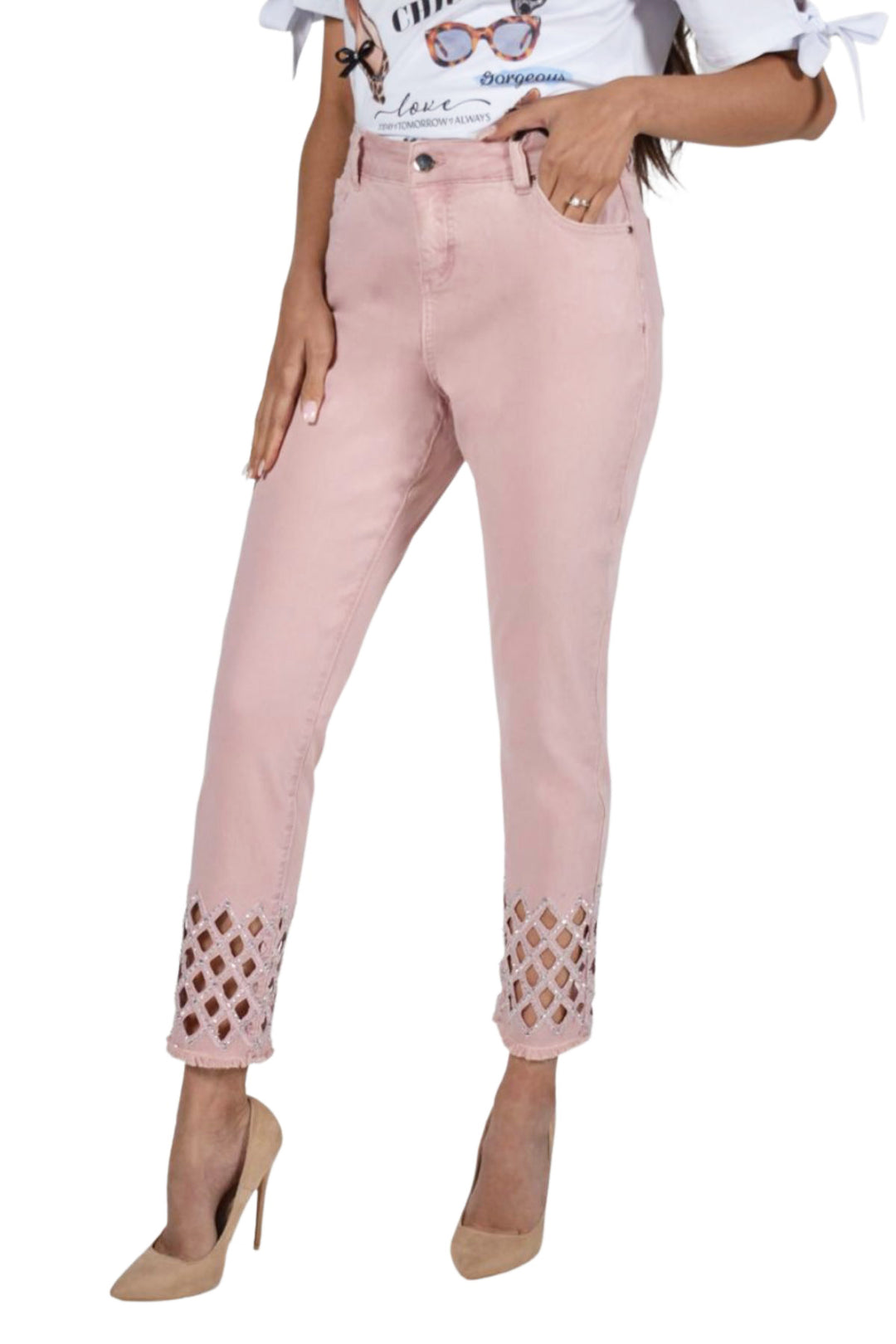 Woman wearing a pair of Frank Lyman Jeans in blush sold and shipped from Pizazz Boutique Nelson Bay women's dresses online Australia