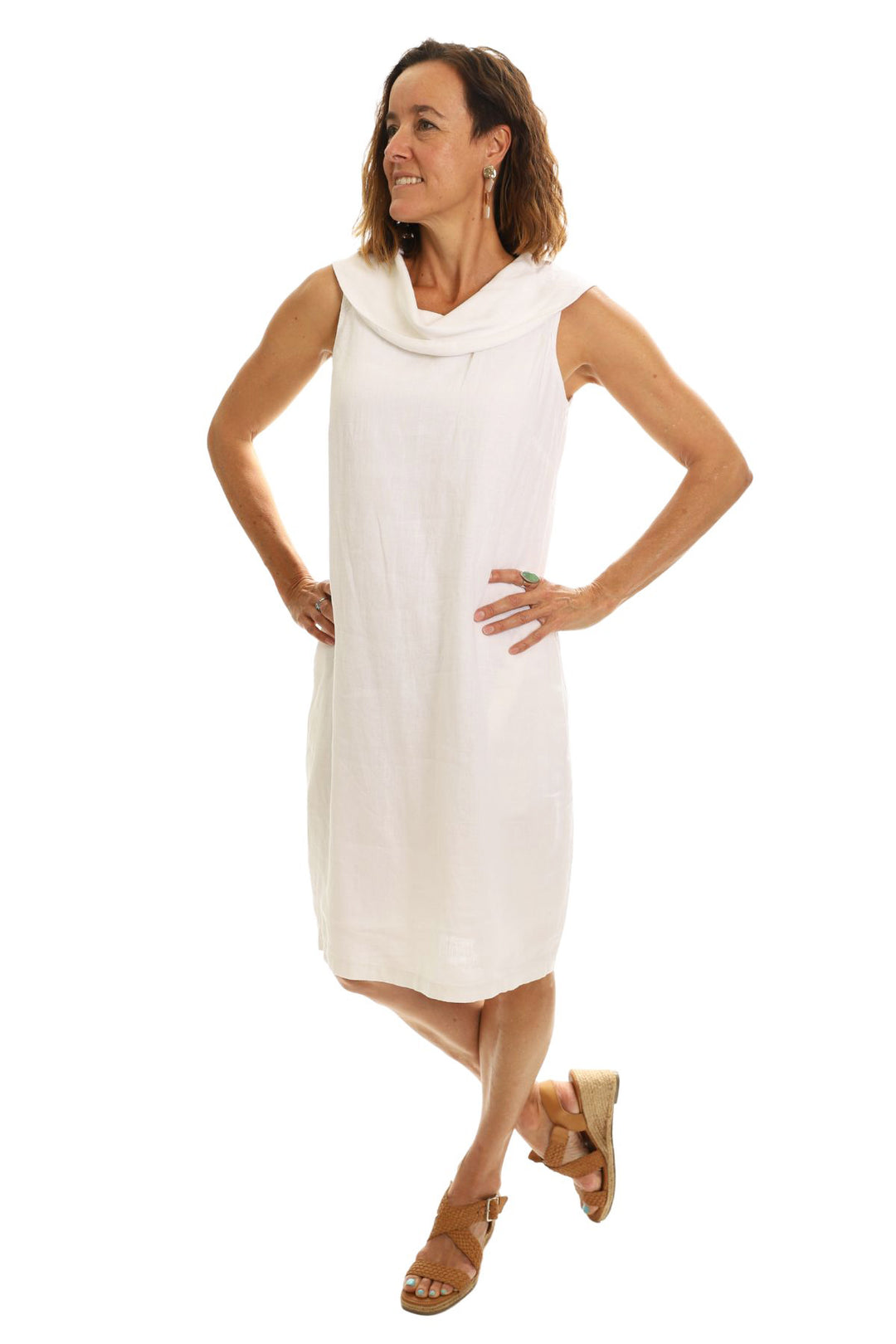 Linen Cowl Neck Dress - White - SS42
