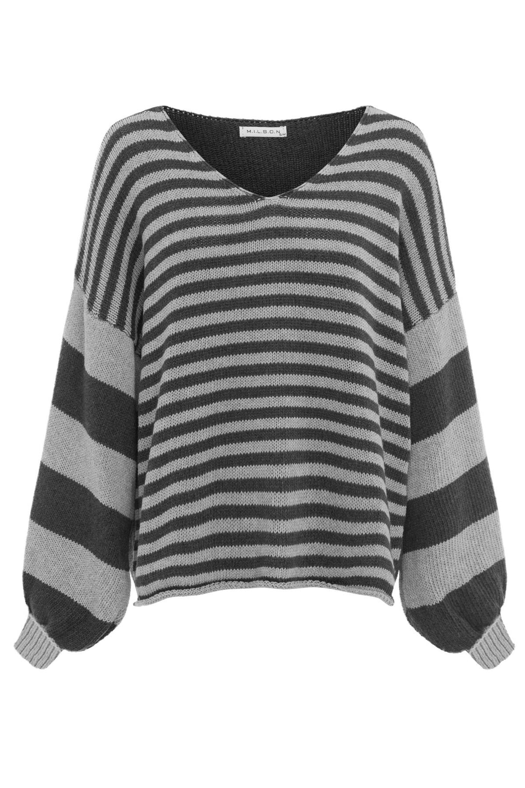 The Ottavia Sweater By MILSON is a gorgeous v-neck knit. Featuring chunky bell sleeves and a contrasting stripe pattern across the front and back. Perfect for layering, pair this beauty with your favourite jeans or pants.  Brand : MILSON Style Code : ML4153 Ottavia V-Neck Colour : Charcoal Fabric : 50% Cotton 50% Acrylic Cold hand wash Made in Italy