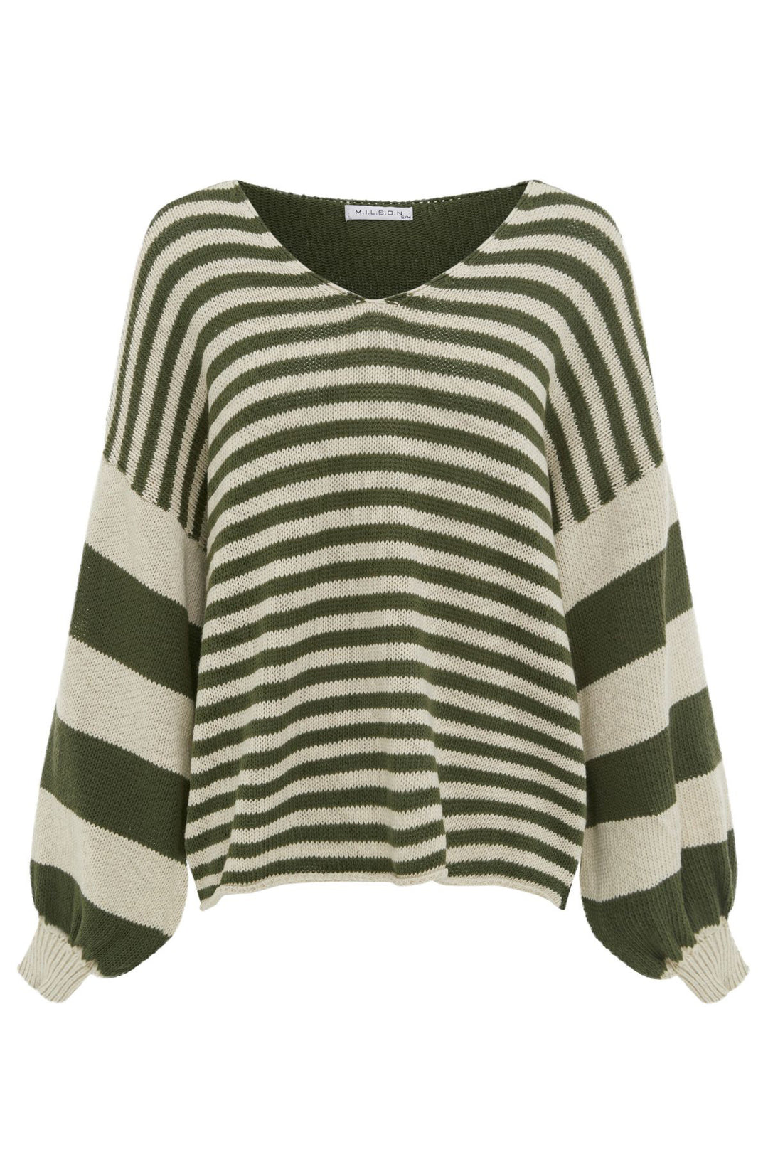 The Ottavia Sweater By MILSON is a gorgeous v-neck knit. Featuring chunky bell sleeves and a contrasting stripe pattern. Perfect for layering, pair this beauty with your favourite jeans or pants.  Brand : MILSON Style Code : ML4153 Ottavia V-Neck Colour : Khaki Fabric : 50% Cotton 50% Acrylic Cold hand wash Made in Italy