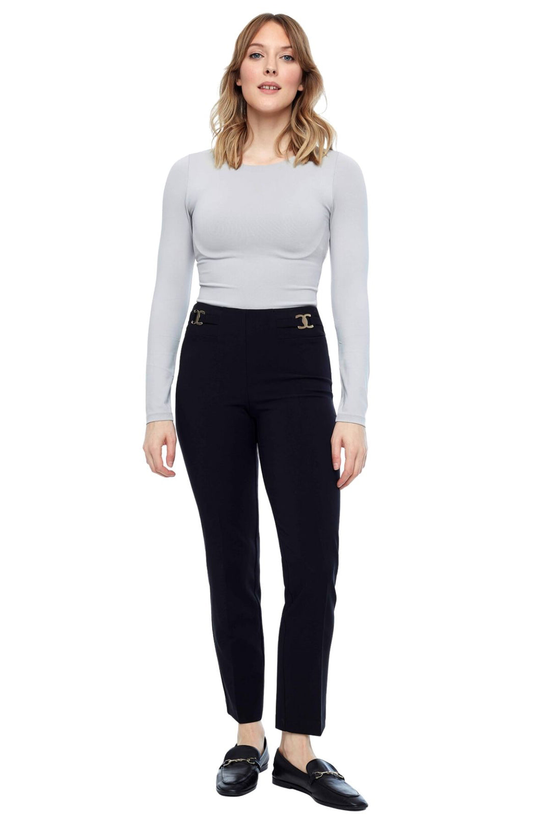 Brand : Up! Style Code : 67592 UP Women’s body-shaping pant Pull-on elastic waistband Built-in tummy control Slim fit Gold monogram detailing Tailored leg pleats Ankle length