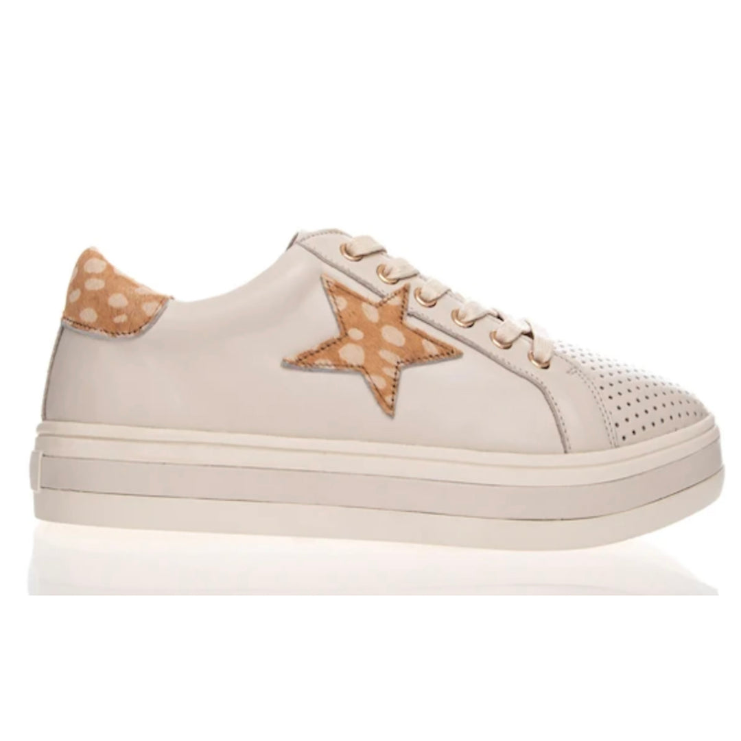white sneakers with a tan star print and heel detail. Sneakers from Pizazz Boutique Nelson Bay dress shops.