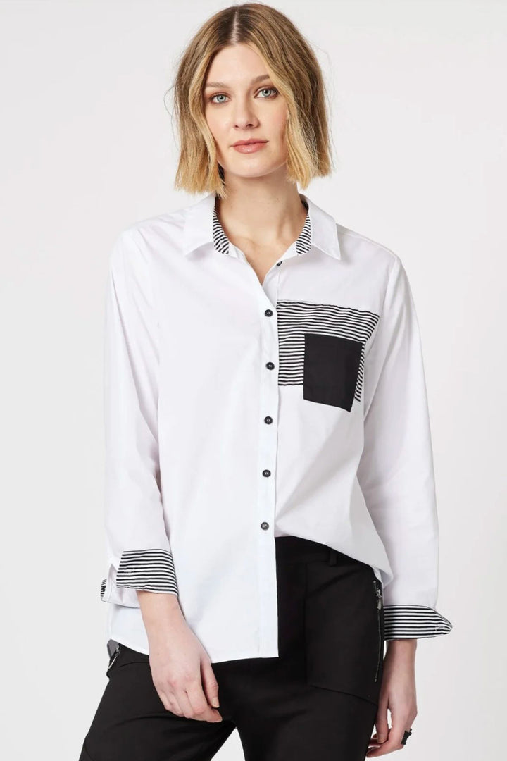 The Stripe Trim Shirt by Clarity - Threadz is a classic white shirt with a modern twist. This Shirt features a classic long sleeve design made from 100% cotton perfect for comfort and breathability.  Brand : Clarity by Threadz Style Code : 42523 Stripe detail in the collar and cuffs Contrasting breast pocket detail Contrasting buttons. Fabric : 100% Cotton Classic shirt fit Soft collar Sits just below the hip True to size  