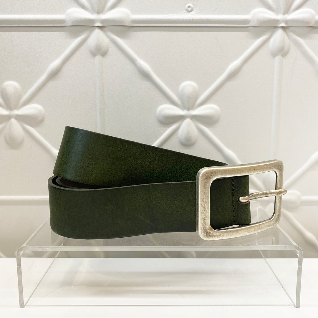 Square Buckle Leather Belt | Olive | V1